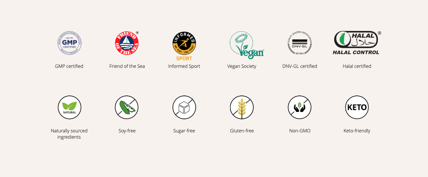 진지노 밸런스오일 국제 인증: GMP, Friend of the Sea, Informed Sport, Vegan Society, DNV-GL, Halal, 무설탕, 글루텐프리, Non-GMO, 케토 친화